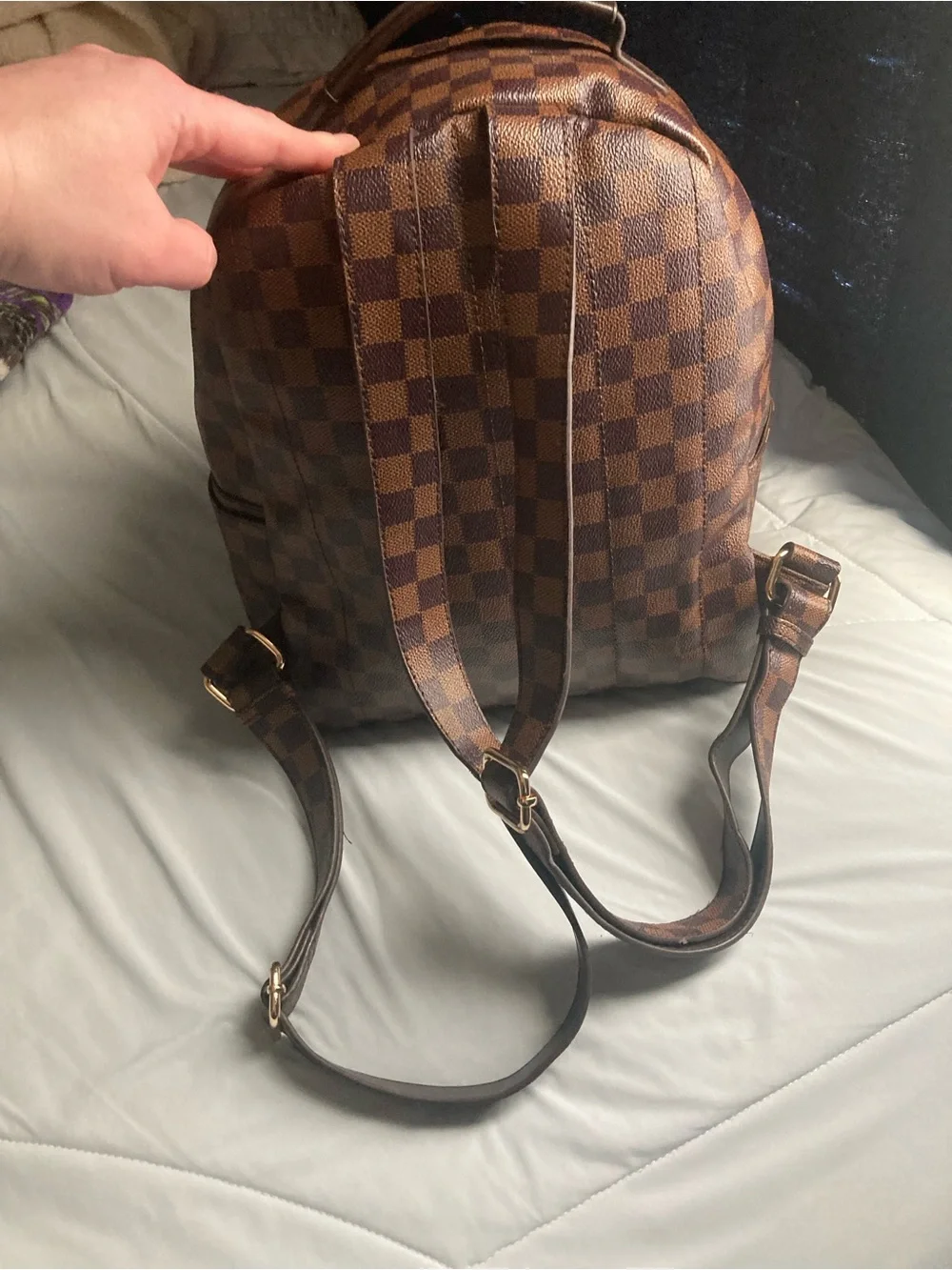 Women's Brown Checkered Backpack with Gold Hardware